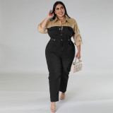 Oversized women's denim color contrast jumpsuit