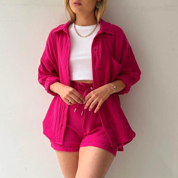 Wrinkle lapel long sleeve shirt high waist drawstring shorts large fashion casual suit