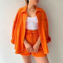 Wrinkle lapel long sleeve shirt high waist drawstring shorts large fashion casual suit Wrinkle lapel long sleeve shirt high waist drawstring shorts large fashion casual suit