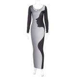 Fashionable printed round neck slim long sleeve dress