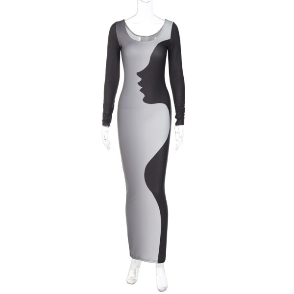 Fashionable printed round neck slim long sleeve dress