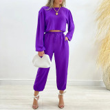 Round neck long sleeve shirt drawstring high waist small leg pants large casual suit