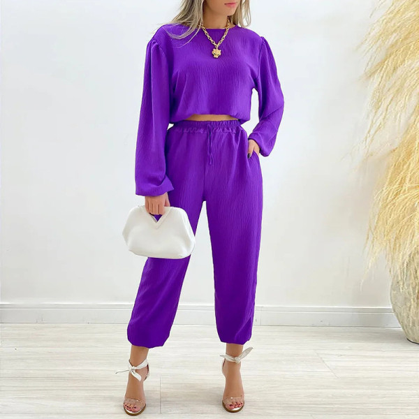 Round neck long sleeve shirt drawstring high waist small leg pants large casual suit