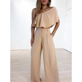 Ruffle hem solid diagonal collar shirt high waist pocket wide leg pants two-piece set