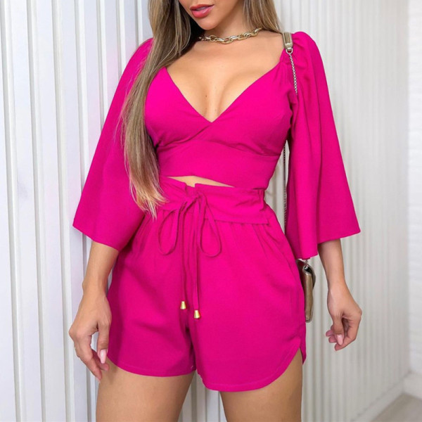 V-Neck Open Back Flare Sleeve Shirt High Waist Shorts Fashion Casual Set