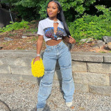 Women's street fashion pocket work style clean color straight casual jeans