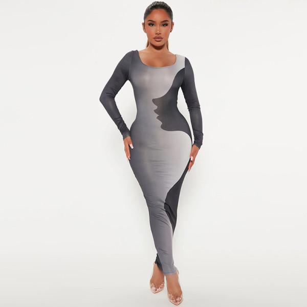 Fashionable printed round neck slim long sleeve dress