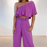 Ruffle hem solid diagonal collar shirt high waist pocket wide leg pants two-piece set