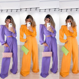 V-neck long sleeve shirt high waist wide leg trousers large fashion casual suit