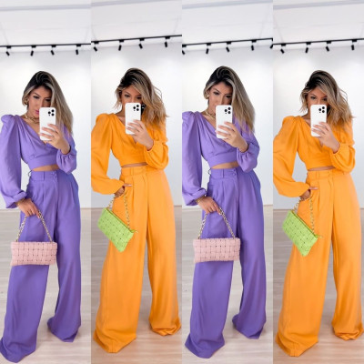 V-neck long sleeve shirt high waist wide leg trousers large fashion casual suit