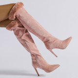 Slim Heel High Boots Large Barrel Waist Pointed Sleeve Lace Fashion Boots Large Boots