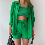 Wrinkle lapel long sleeve shirt high waist drawstring shorts large fashion casual suit