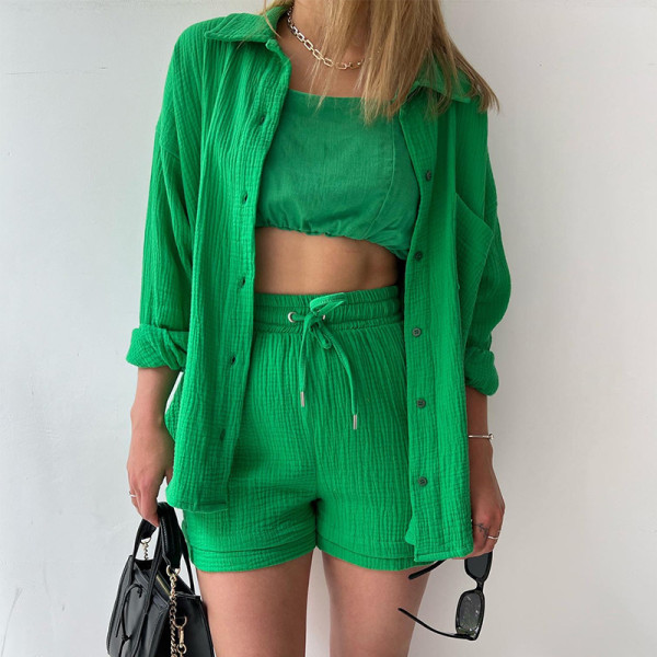 Wrinkle lapel long sleeve shirt high waist drawstring shorts large fashion casual suit