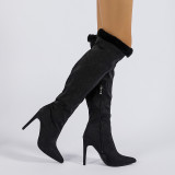 Slim Heel High Boots Large Barrel Waist Pointed Sleeve Lace Fashion Boots Large Boots