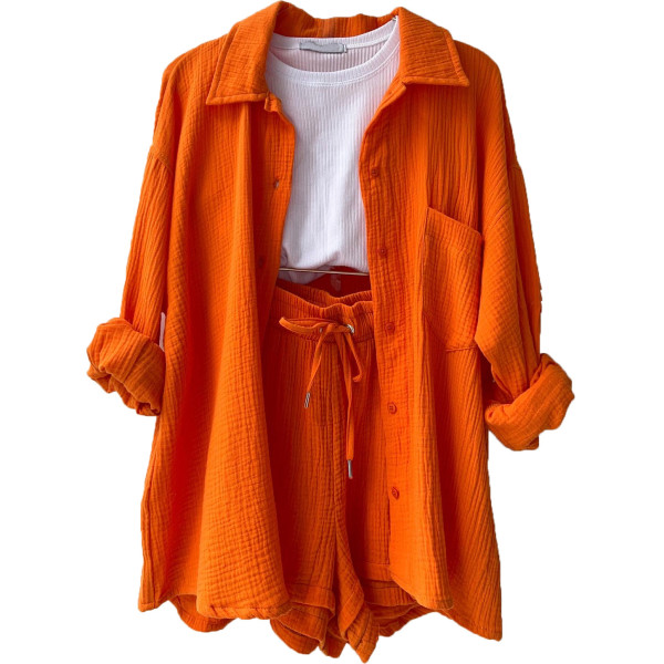 Wrinkle lapel long sleeve shirt high waist drawstring shorts large fashion casual suit
