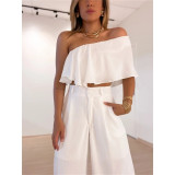 Ruffle hem solid diagonal collar shirt high waist pocket wide leg pants two-piece set