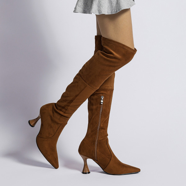 Large Suede Boots Long Over Knee Pointed Back Lace up High Heel Elastic Boots