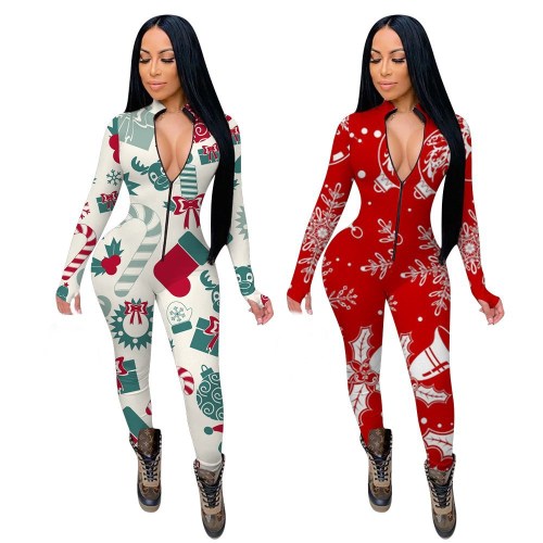 Women's Christmas printed V-neck long sleeve jumpsuit