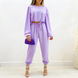Round neck long sleeve shirt drawstring high waist small leg pants large casual suit