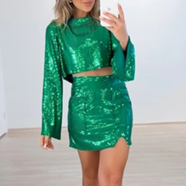 Round neck flare sleeve sequin shirt high waist hip wrap skirt two-piece set