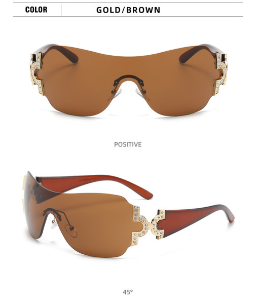 Frameless sunglasses Women's one-piece oversized windproof sunglasses Fashion point drill glasses
