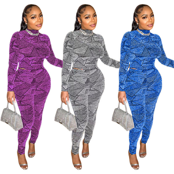 Women's clothing Autumn and winter new simple fashion half high collar pullover silver silk blouse trousers suit