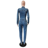 Stretch denim lace up slim jumpsuit