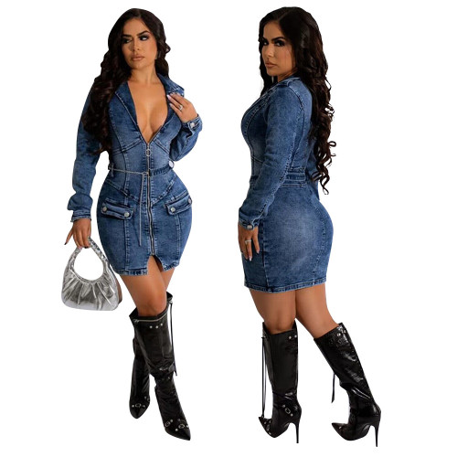 Stretch denim fitted belt dress