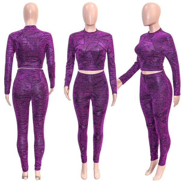 Women's clothing Autumn and winter new simple fashion half high collar pullover silver silk blouse trousers suit