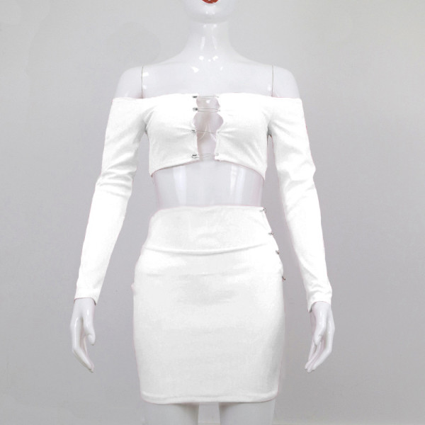 Solid backless off shoulder top hip wrap large short skirt suit