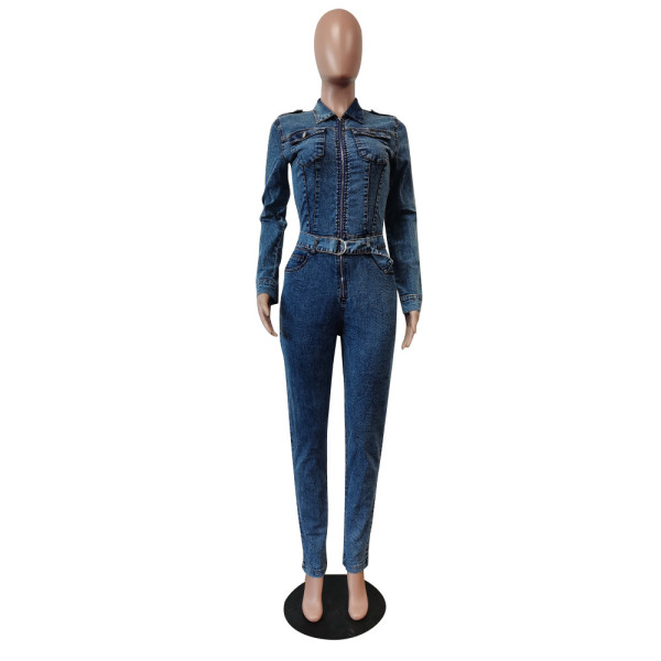 Stretch denim lace up slim jumpsuit