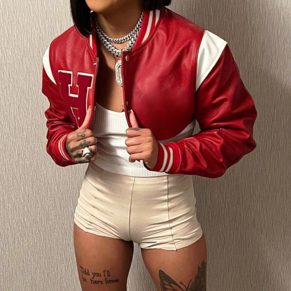Contrast leather embroidered baseball jacket letter print coat