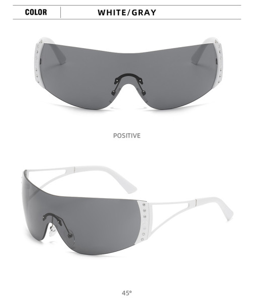 Vintage large frame one-piece wind shield sunglasses Fashion new frameless diamond rimmed glasses Chaoku street beat concave style sunglasses