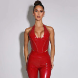 Sexy leather top with neck and waistband, tight open back, solid color, slim and chest, short vest