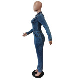 Stretch denim lace up slim jumpsuit