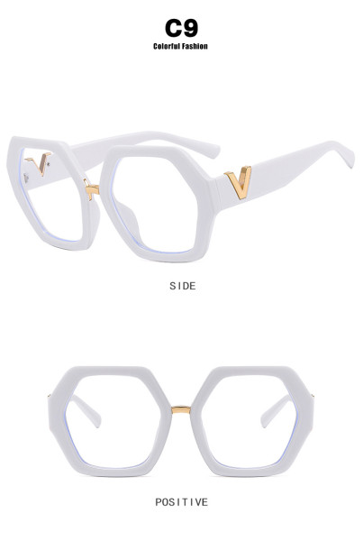 V-leg polygonal flat lens anti blue lens frame, fashionable irregular decorative eyeglass frame