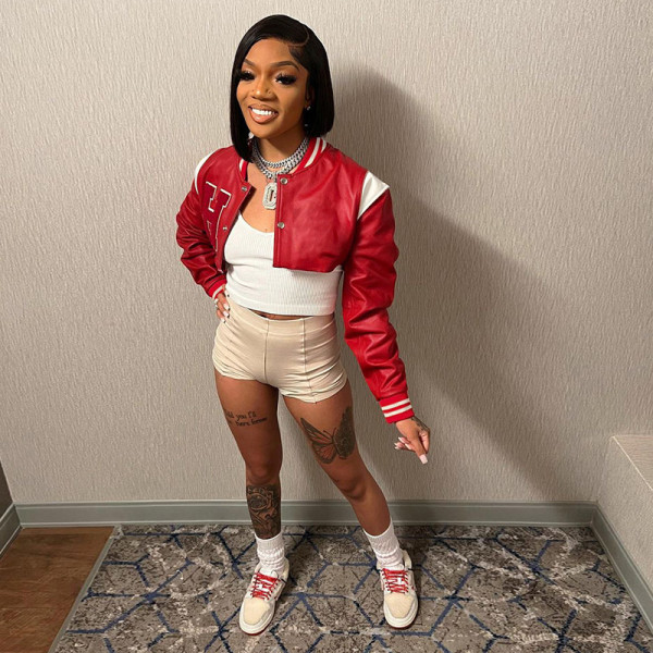 Contrast leather embroidered baseball jacket letter print coat