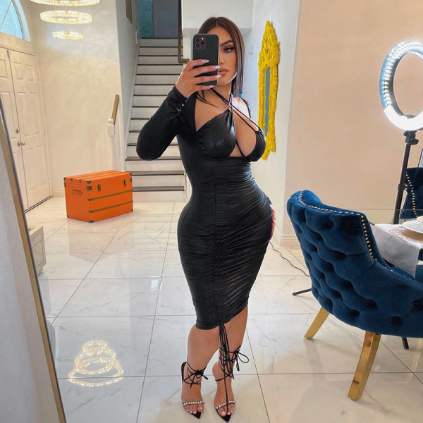 Long sleeve tie neck wrap hip dress sexy bust bar party dress