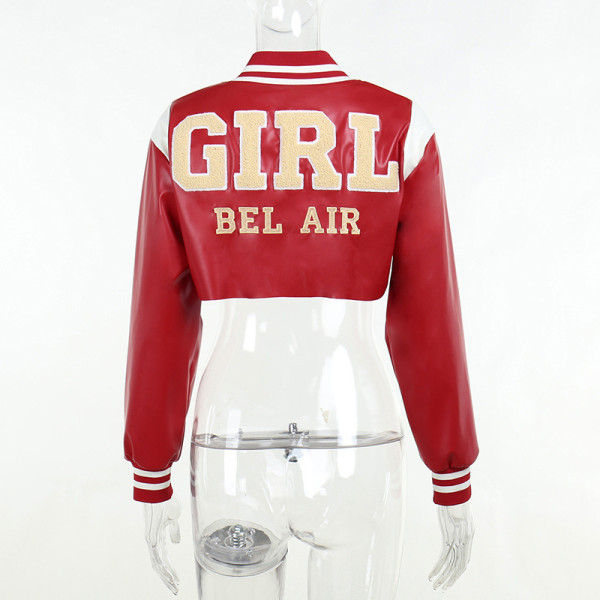 Contrast leather embroidered baseball jacket letter print coat