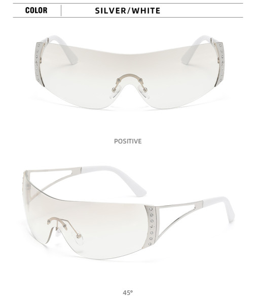 Vintage large frame one-piece wind shield sunglasses Fashion new frameless diamond rimmed glasses Chaoku street beat concave style sunglasses