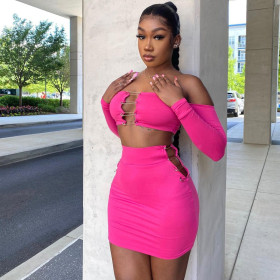Solid backless off shoulder top hip wrap large short skirt suit