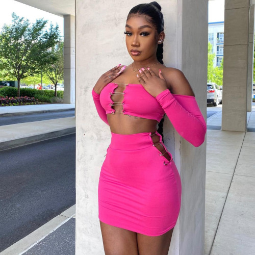 Solid backless off shoulder top hip wrap large short skirt suit