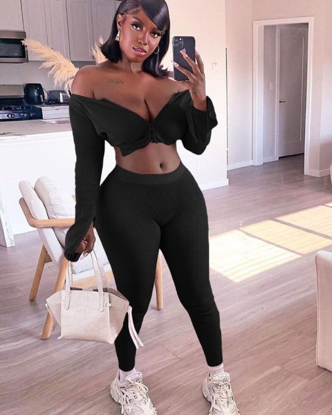 Fashion solid color pit strip zipper long sleeve trousers suit