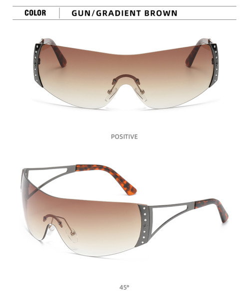 Vintage large frame one-piece wind shield sunglasses Fashion new frameless diamond rimmed glasses Chaoku street beat concave style sunglasses
