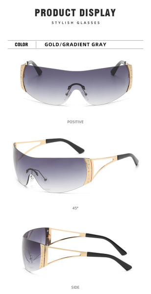 Vintage large frame one-piece wind shield sunglasses Fashion new frameless diamond rimmed glasses Chaoku street beat concave style sunglasses