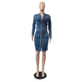 Stretch denim fitted belt dress