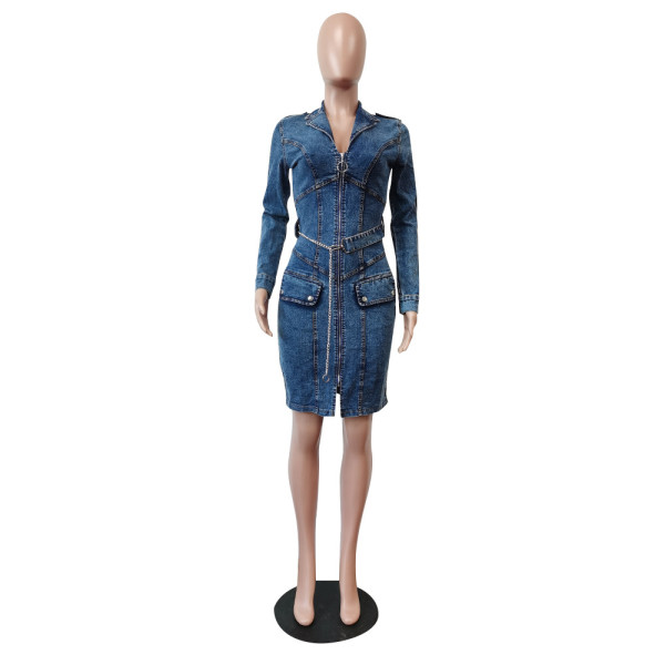 Stretch denim fitted belt dress