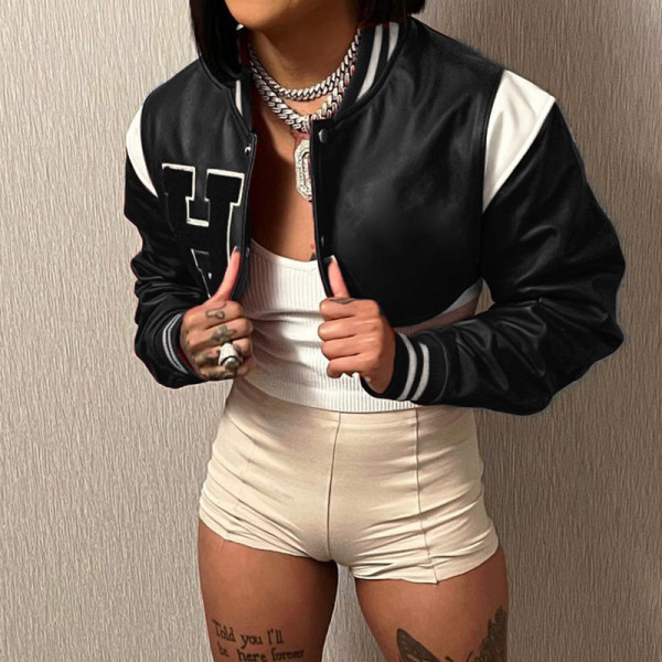 Contrast leather embroidered baseball jacket letter print coat