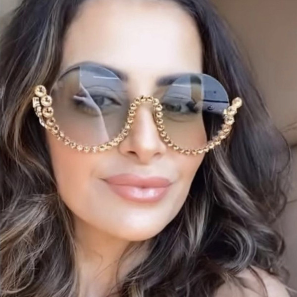 Round diamond set metal sunglasses Half frame sunglasses Gorgeous gradual change sunglasses