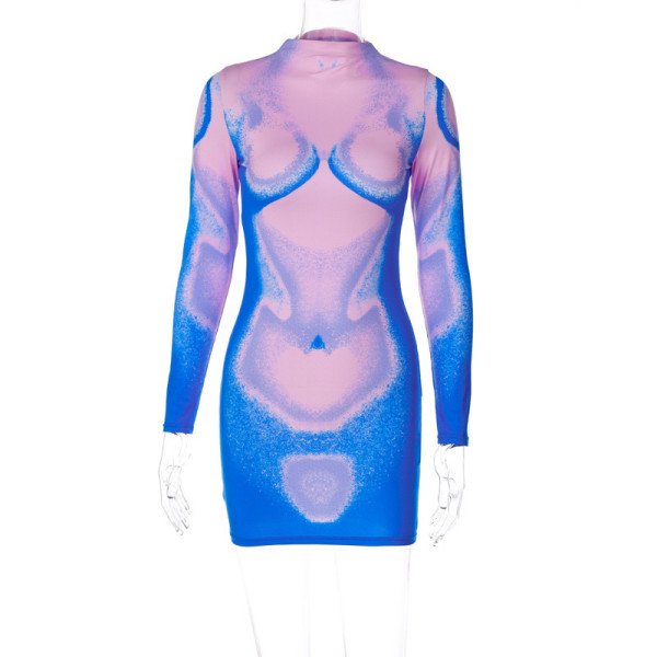Fashion printed slim round neck hip wrap long sleeve dress
